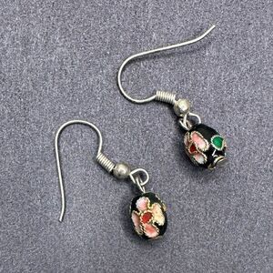 Vintage Cloisonné Enamel Bead Earrings Black Floral Drop Dangles Hand-Painted